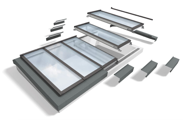 Skylight modules are mounted on a patented system of steel plates on the curbs, making installation quick and simple.